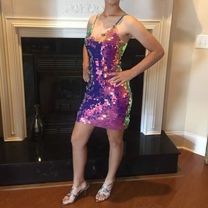 Large iridescent sequin spaghetti mini dress.